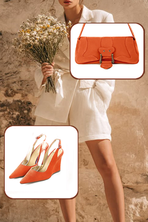 Dress slingback heels in clementine orange leather with high wedge heels and pointed toe - Worn view